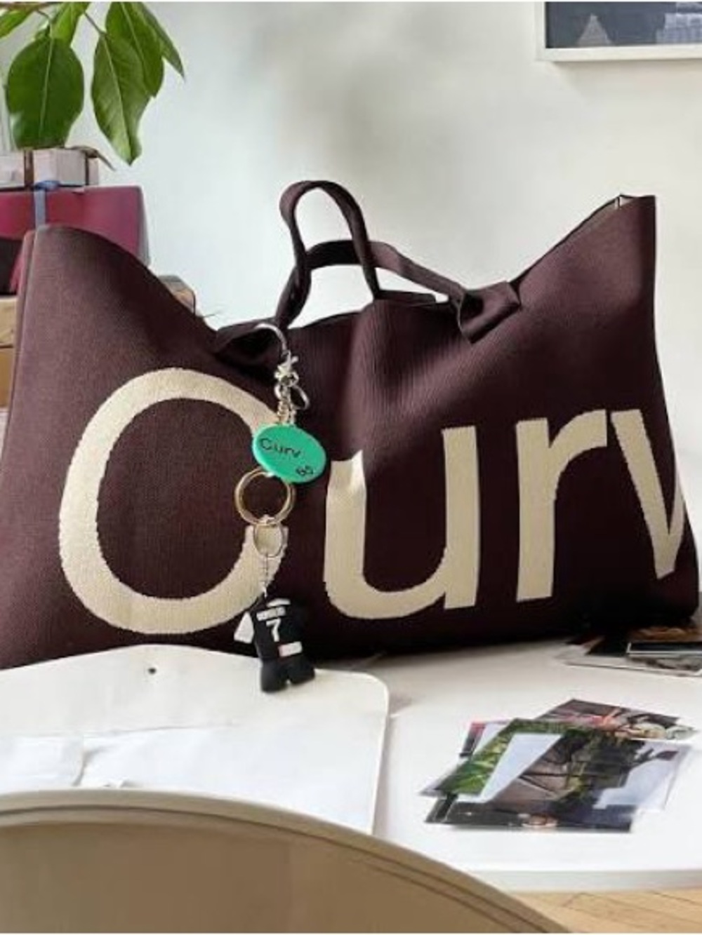 Curves Large Knit Tote Bag - Brown & Cream - Picture 5 of 6